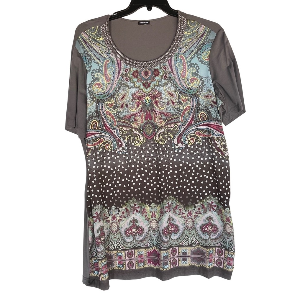 Gerry Weber Womens Grey Paisley Polka Dot Embellished Scoop Neck T-Shirt Top